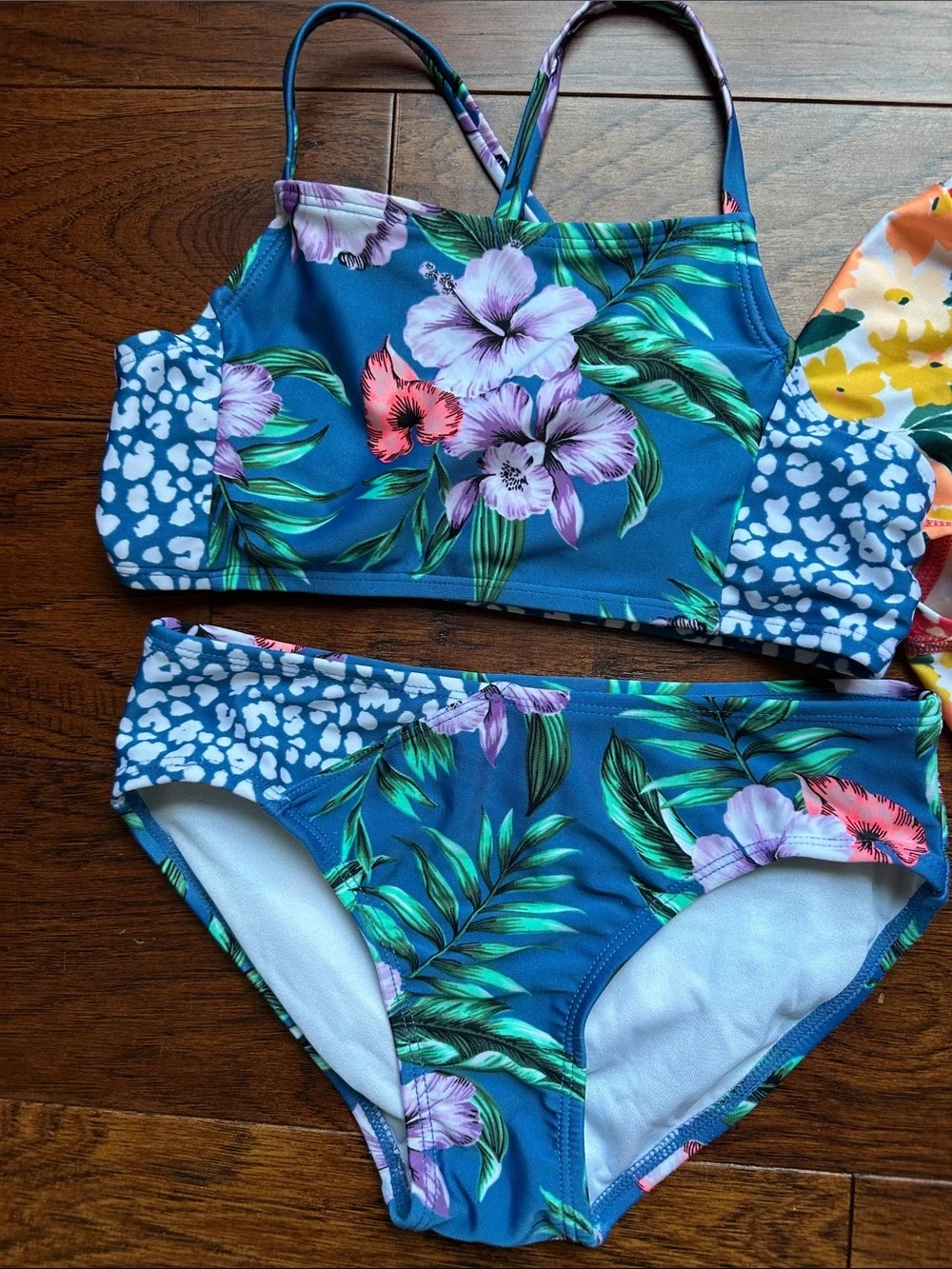 art class Girls Floral Blue Tropical and Coral Stripe Swim Set